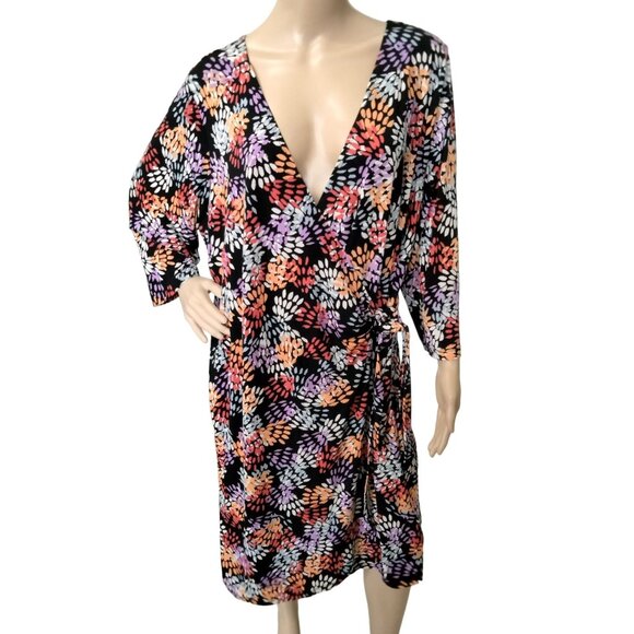 Avenue Plus Size 22/24 Dress Faux Wrap Abstract Leaf Print 3/4 Sleeves Tie Waist - Picture 2 of 9